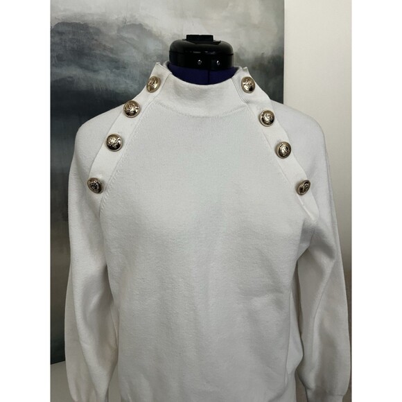 Ann Taylor Women's White Raglan Sleeve Gold Button Mock Neck Sweater Size Small - Picture 3 of 9